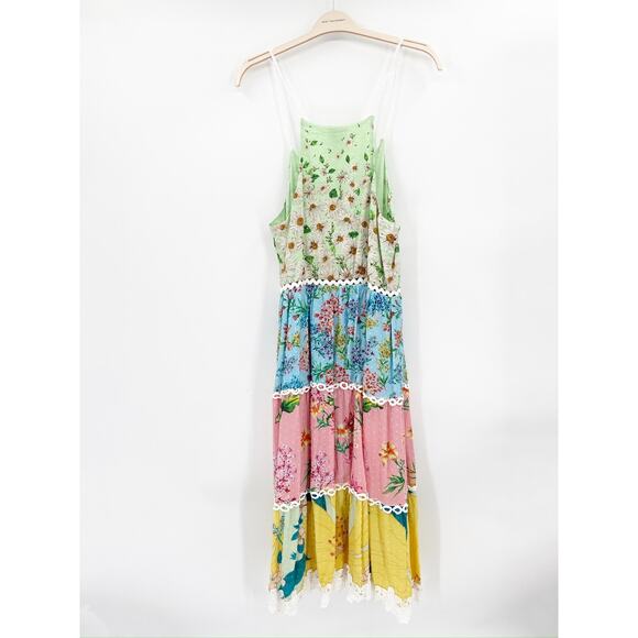 Farm Rio Mixed Floral Print Multicolor Tiered Paneled Halter Midi Dress Size M - Picture 7 of 7